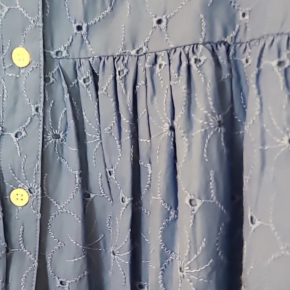 A sky blue eyelet dress with a button down front. Long sleeve with button cuffs. - Picture 3 of 4